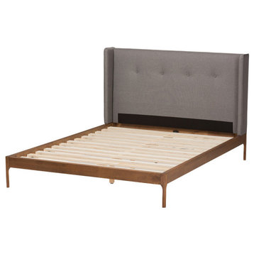 Brooklyn Midcentury Modern Walnut Wood/Fabric Platform Bed, Gray, Queen