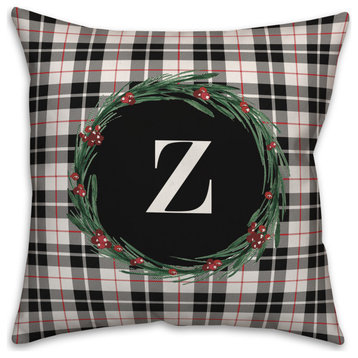Black Plaid Monogram Wreath Z 18x18 Spun Poly Pillow