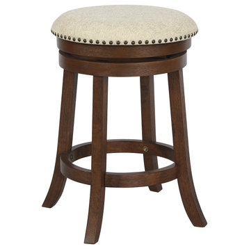 2-Pack Backless Round Swivel Stool With Beige Fabric and Dark Walnut Finish