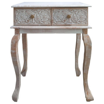 2 Drawer Mango Wood Console Table With Floral Carved Front, Brown and White