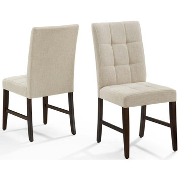 Tufted Side Dining Chair, Set of 2, Fabric, Wood, Beige, Cafe Bistro Restaurant