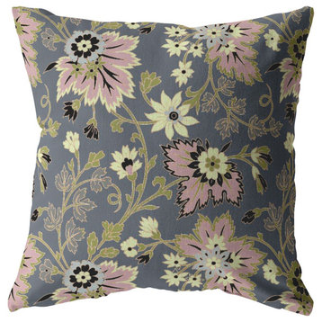 18" Gray Pink Jacobean Indoor Outdoor Zippered Throw Pillow