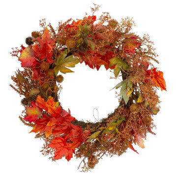 24" Autumn Harvest Maple Leaf With Berries Artificial Wreath; Unlit