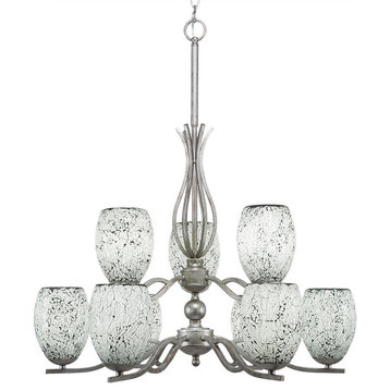 Revo 9 Light Chandelier Shown In Aged Silver Finish With 5" Black Fusion Glass