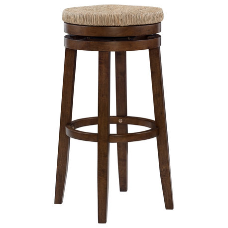 Linon Maya 25" Wood Swivel Seagrass Seat Counter Stool in Walnut Brown