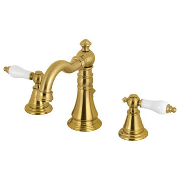 English Classic Widespread Bathroom Faucet, 2 White Levers, Brushed Brass