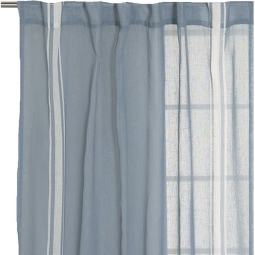 Sheer Faux Linen Reverse Triple Stripe Curtains, Blue/Ivory