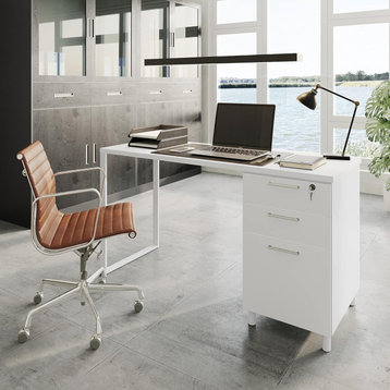 Modern Desk, Spacious Worktop With 3 Lockable Storage Drawers, White/White