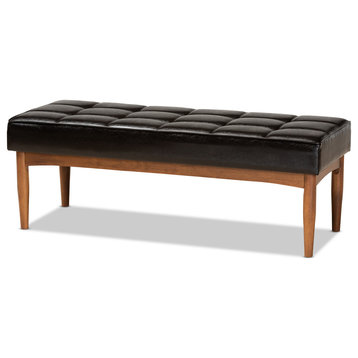 Sanford Dark Brown Faux Leather Upholstered and Brown Finished Wood Dining Bench