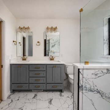 Transitional Bathroom with Marble-Look Walk-In Shower