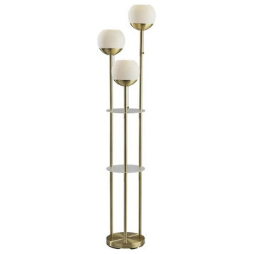 Modern Floor Lamp, Metal Frame With Shelves & Opal Glass Shades, Antique Brass
