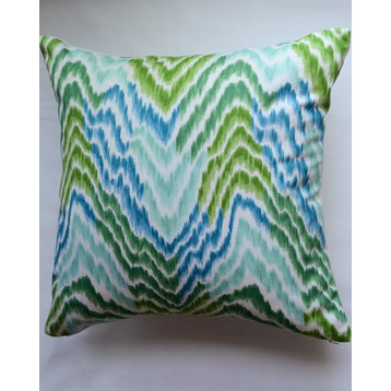 Flamestitch Pillow, Green/Aqua/Teal/Blue/White, Without Insert