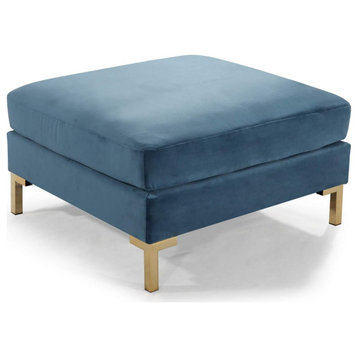 Contemporary Ottoman, Golden Metal Legs With Square Velvet Fabric Seat, Teal