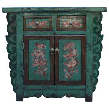 Chinese Distressed Green & Brown Flower Graphic Table Cabinet Hcs5948