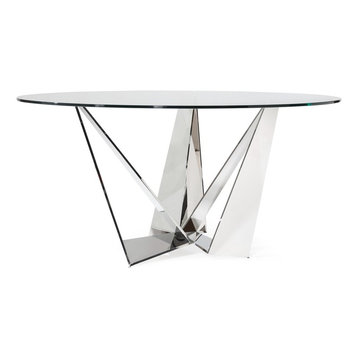 Zuri Modern Cortez 79 Inch Dining Table Clear Glass with Polished Stainless Steel Base