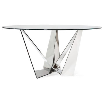 Modern Serra 59" Round Dining Table Clear Glass Polished Stainless Steel Base
