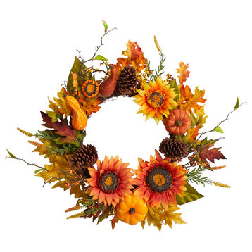 Nearly Natural 24" Fall Sunflower Pinecone & Berries Artificial Wreath