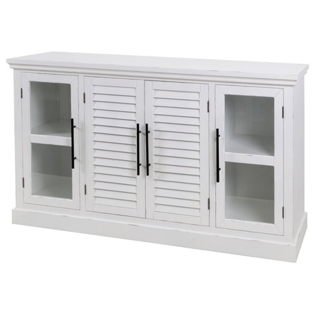 Shutter White Wood Cabinet 2 Glass Doors 2 Shutter Doors, Black Handles