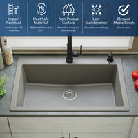 Karran QT-812 Top Mount 33" Large Single Bowl Quartz Kitchen Sink, Concrete