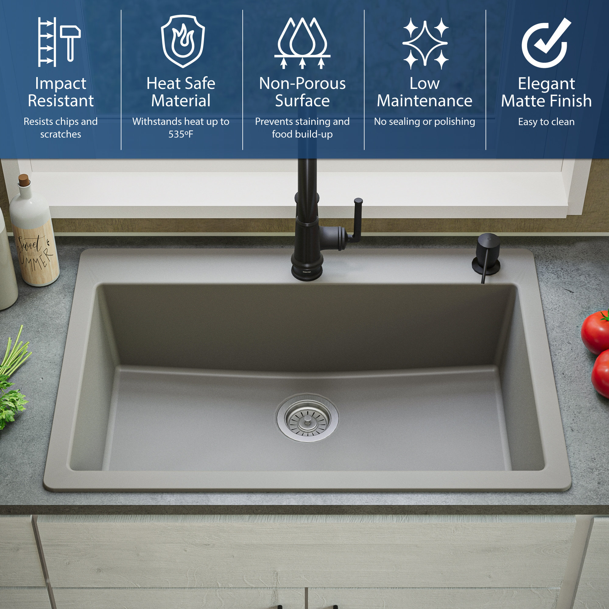 Karran QT-812 Top Mount 33" Large Single Bowl Quartz Kitchen Sink, Concrete