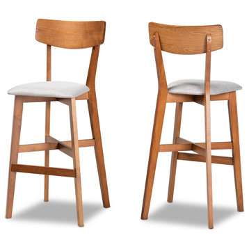 Set of 2 Bar Stool, Wood Frame With Padded Seat & Curved Open Back, Walnut Brown