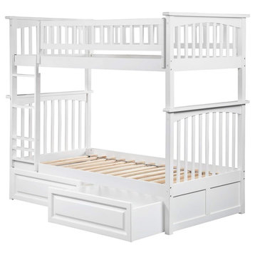 Twin Size Bunk Bed, Slatted Safety Guard Rails and 2 Raised Panel Drawers, White