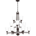 Quoizel - Quoizel BLG5032OZ Billingsley 12 Light Chandelier - Old Bronze - The Billingsley is a clean, transitional collection. Its thin, twin support frame elevates the simple silhouette, while classic accents easily coordinate with a variety of home decor styles. Complemented by etched glass shades, all fixtures are available in your choice of brushed nickel or old bronze finish.