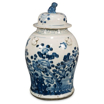 Blue and White Porcelain Bird Motif Temple Jar, 19"