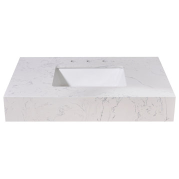 Merano Engineered Stone Vanity Top, Aosta White Apron With White Sink, 36"