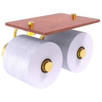 Dottingham 2 Roll Toilet Paper Holder with Wood Shelf, Polished Brass