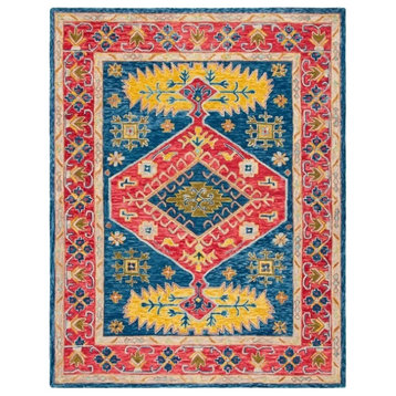 Bohemian Area Rug, Bordered Wool & Oriental Floral Pattern, Red/Blue, 10' x 14'