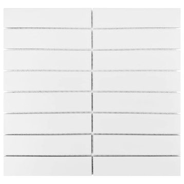 Gio White Glossy 1.25" X 6" Stacked Linear Porcelain Mosaic Tile, 11 Sheets