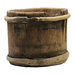 Chinese Vintage Wood Bamboo Bend Short Bucket - Baskets