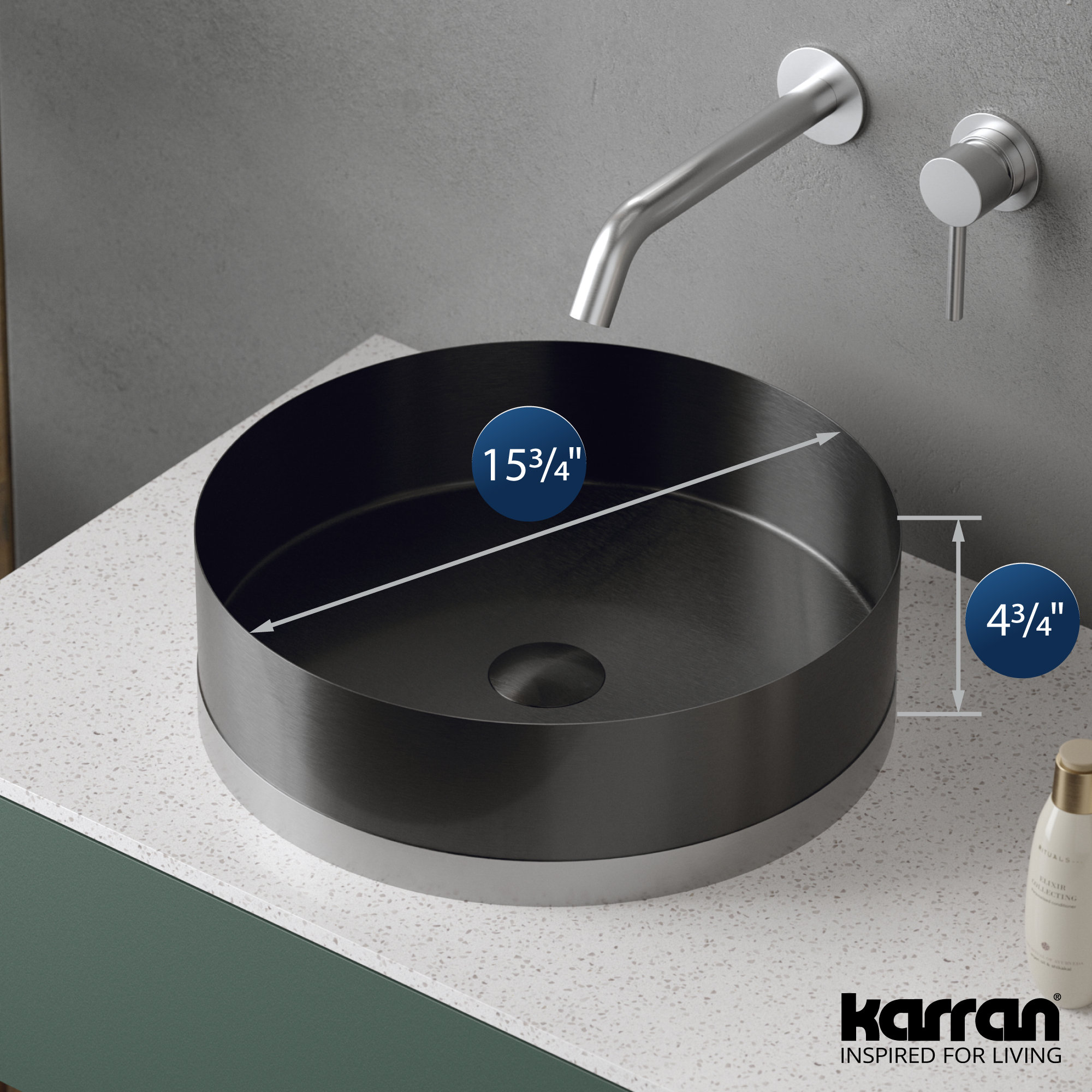 Karran Cinox Stainless Steel Round Vessel Sink, Gunmetal Grey and Stainless Steel