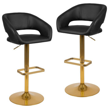 Set of 2 Bar Stool, Rounded Mid Back Design With Vinyl Upholstery, Black/Gold
