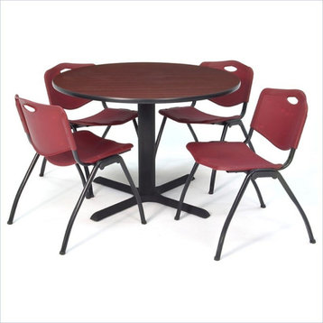 Cain 48" Round Breakroom Table, Mahogany and 4 'M' Stack Chairs, Burgundy
