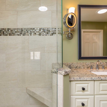 Traditional Primary Bath With a White Vanity Tower and Curbless Shower