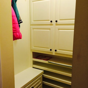 Mudroom with shoe rack, bench, cubbies, cabinets