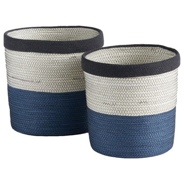 Set of 2 Coastal Casual Natural White Blue Woven Stripe Storage Baskets Round