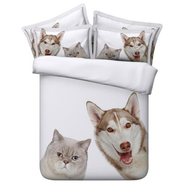 3D White and Brown Cat and Dog, 4-Piece Duvet Cover Set, Queen