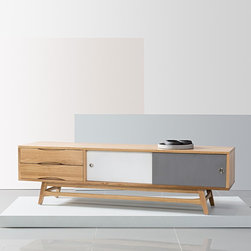 Svend Entertainment Unit - Solid Oak - 180x45x50cm - White/Grey Doors - Entertainment Units