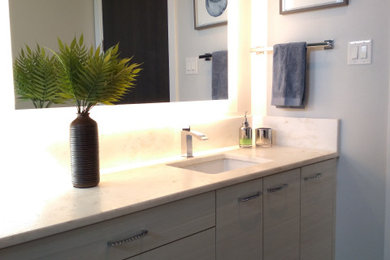 Ejemplo de cuarto de baño principal, único y a medida minimalista grande con puertas de armario beige, paredes grises, suelo de baldosas de cerámica y encimera de granito