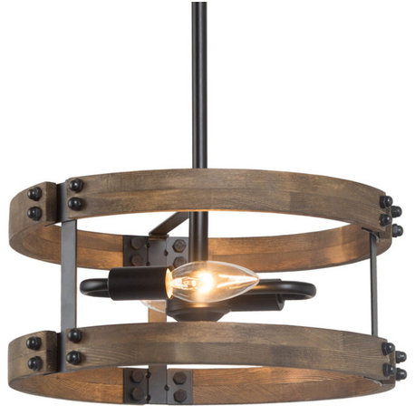 LNC Farmhouse 2-Light Matte Black Drum Cage Chandelier With Distressed Wood