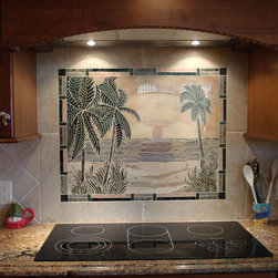 Sunset beach handcrafted backsplash marble mural - Home Decor