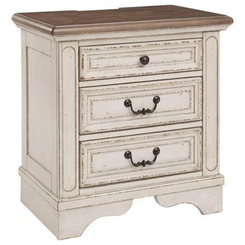 Classic Nightstand, Acacia Wood Frame With USB Ports & 3 Drawers, Chipped White