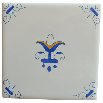 Delft Tile Fleur De Lis, Oxen Corner Motif Design, Yellow, Set of 3