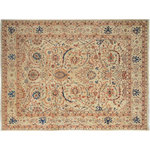 Bareens Designer Rugs - Classic Ziegler Abel Tan Blue Hand-Knotted Wool Rug - 6'6'' x 9'7'' - Enhance the ambiance of your home with this magnificent Persian-influenced Turkish hand-knotted rug made by skilled artisans capable of creating the most exceptional vegetable dyes and hand-spun wool. This exquisite handmade rug is a one-of-a-kind Peshawar Kafkaz, otherwise identified as Chobi, Chobi Peshawar, Oushak, or Ziegler rug. These handmade rugs are crafted in Pakistan utilizing superior-quality wool imported from Australia, New Zealand, and Korea in two types of weaves: the Persian weave and the Mori weave. This rug is meticulously crafted by hand using the finest natural vegetable dyes extracted from local plants. The artisans use a blend of hand-spun local and fine merino wool, resulting in a rug with a compelling texture, higher lanolin content, and longer staple. The artisans occasionally incorporate natural or artificial silk into the pile to enhance specific motifs. The finished product is an awe-inspiring execution of flawless design and an understated palette that exudes elegance.