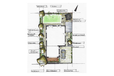 Mittelgroßer, Geometrischer, Halbschattiger Moderner Garten im Frühling, neben dem Haus mit Sichtschutz und Dielen in Frankfurt am Main