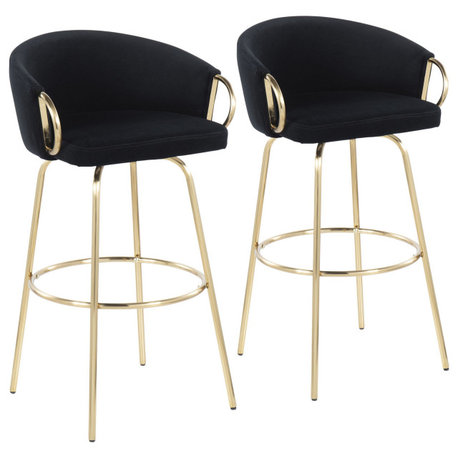 Claire 30" Fixed Height Barstool, Set of 2, Gold Metal, Black Velvet