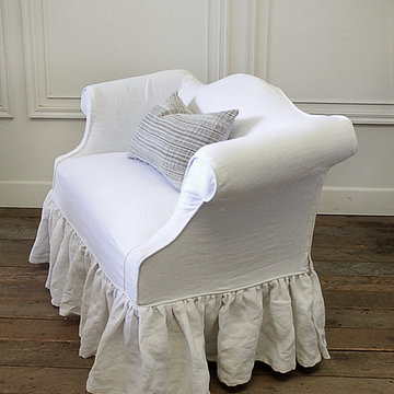 Custom Linen Slip Covered Vintage Petite Sofa in Toile